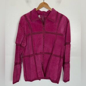 S.M.H Boutique Suede Leather & Crochet Jacket L Pink Boho Patchwork‎ Cottagecore